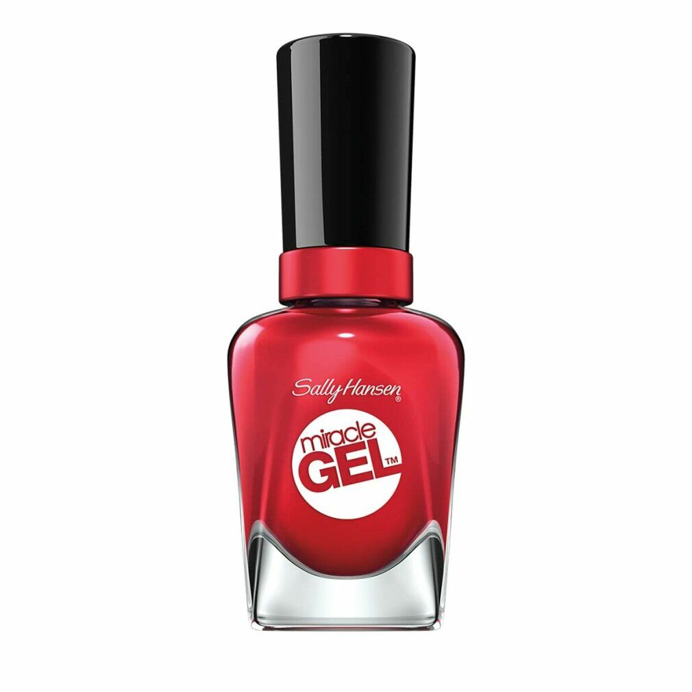 Flacone di smalto rosso con tappo nero. Scritta: Sally Hansen Miracle Gel.