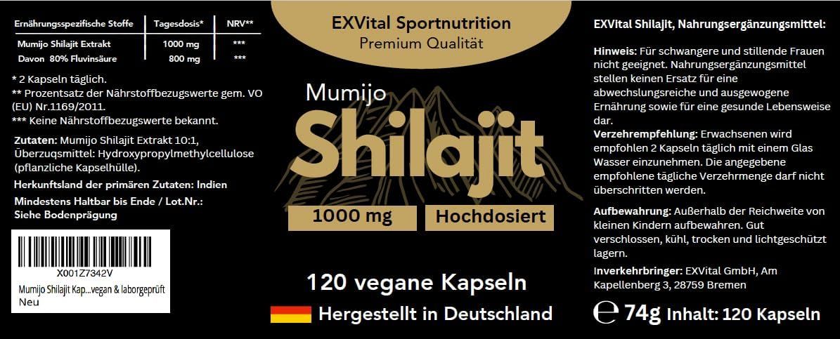 Etichetta delle capsule EXVital Shilajit. 1000mg Mumijo, 120 capsule vegane. Prodotto in Germania. Ingredienti.
