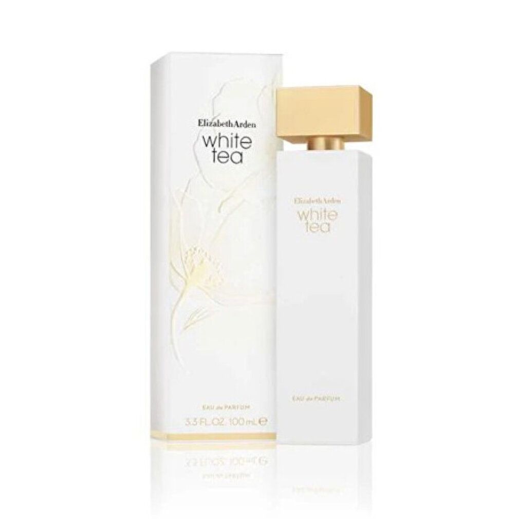 Flacone e confezione di profumo bianchi. Tappo dorato. Scritta: Elizabeth Arden White Tea. Eau de Parfum.