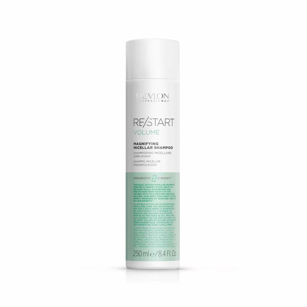 Shampoo Revlon Re-Start Volume. Flacone bianco con testo verde-azzurro. Nome del prodotto e volume visibili.