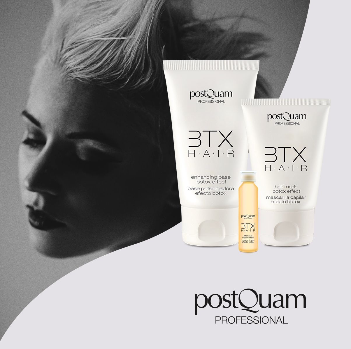 Set per capelli con due tubi e una bottiglietta. Scritte: PostQuam, 3TX HAIR. Volto di donna sullo sfondo.