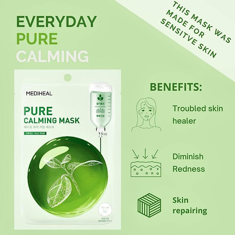 Maschera viso verde con scritta: MEDIHEAL Pure Calming Mask. Illustrazione di una sfera verde con foglie. Testo: Everyday Pure Calming, Benefits: troubled skin healer.