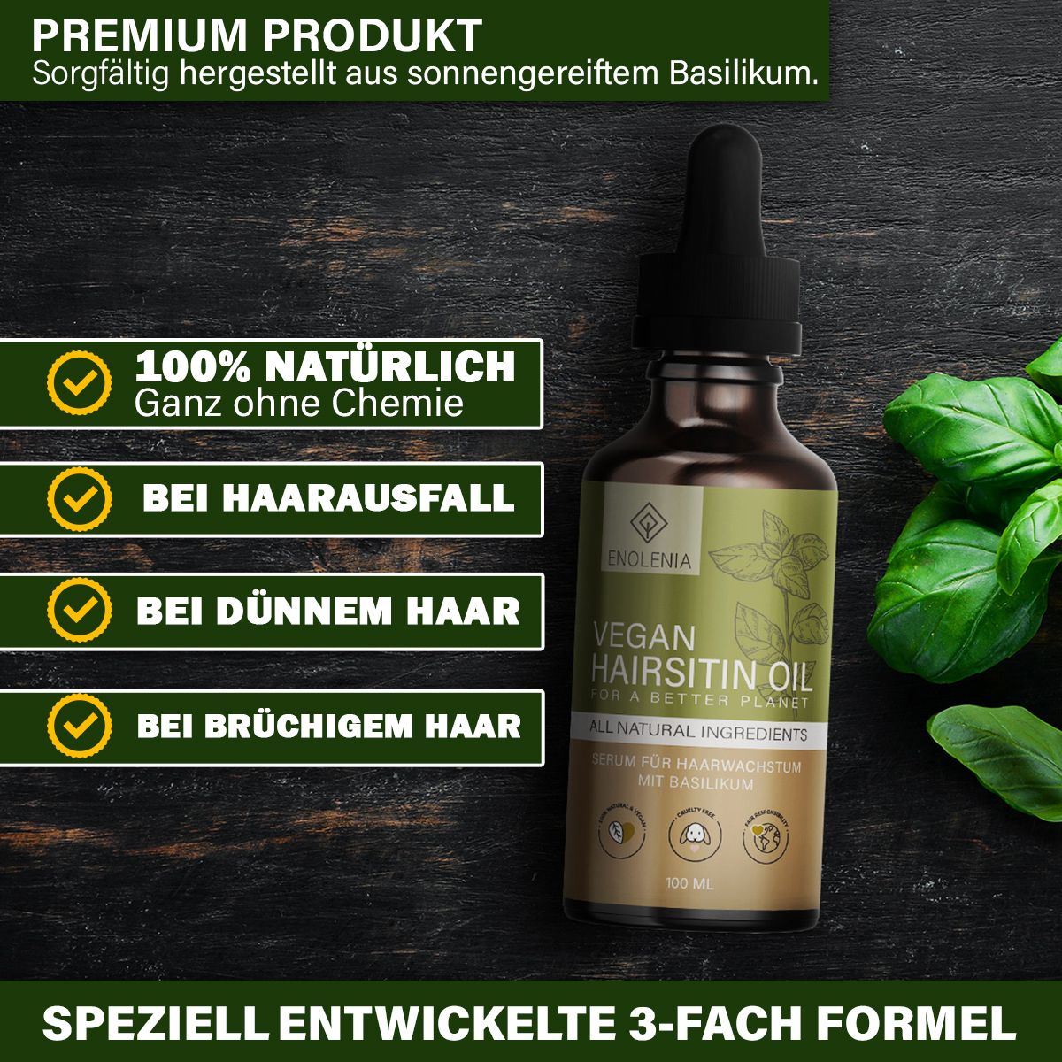 Flacone del prodotto con foglie verdi sullo sfondo. Testo: 100% naturale, per la caduta, i capelli sottili e fragili.