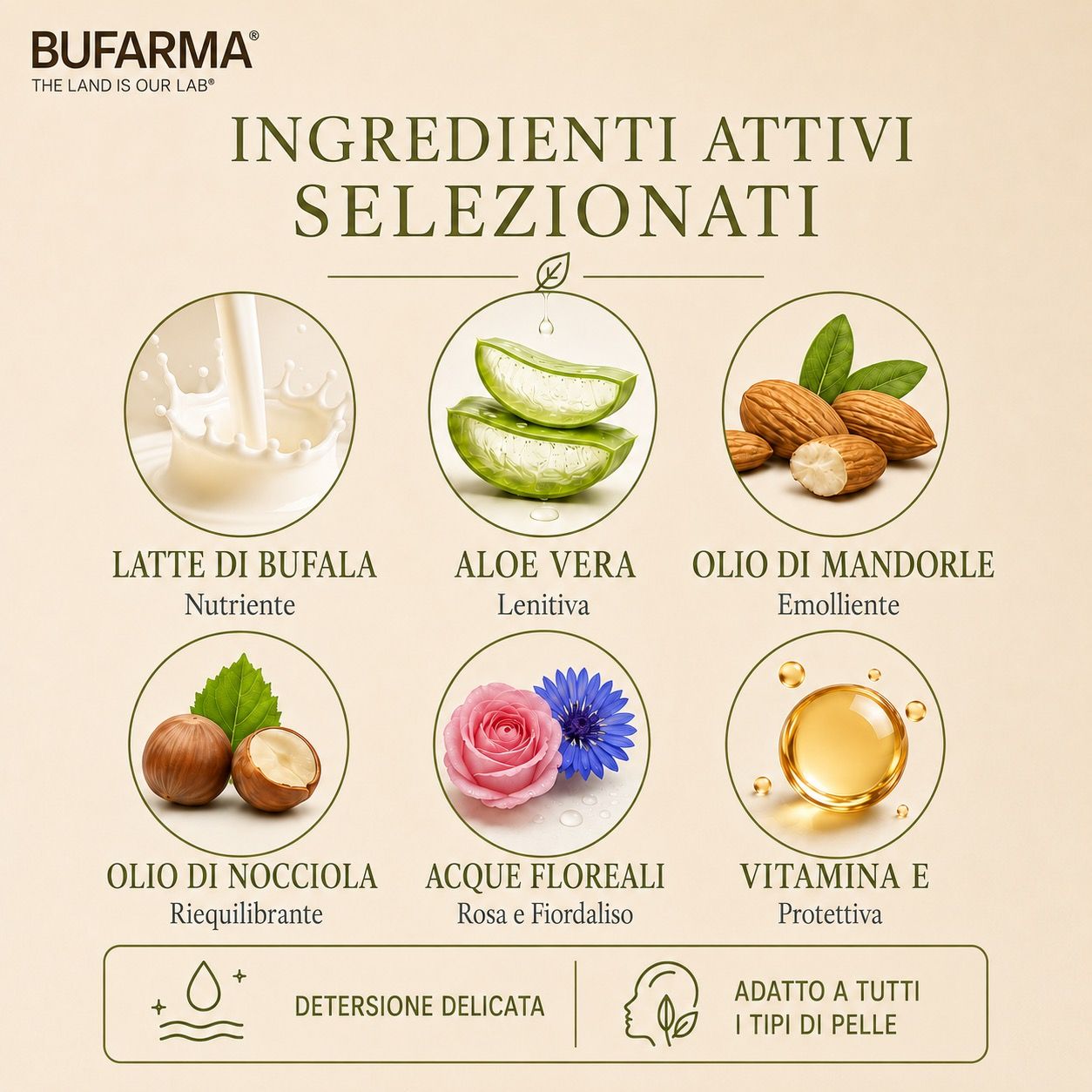 Illustrazione degli ingredienti: latte di bufala, aloe vera, olio di mandorle, olio di nocciola, acque floreali, vitamina E.