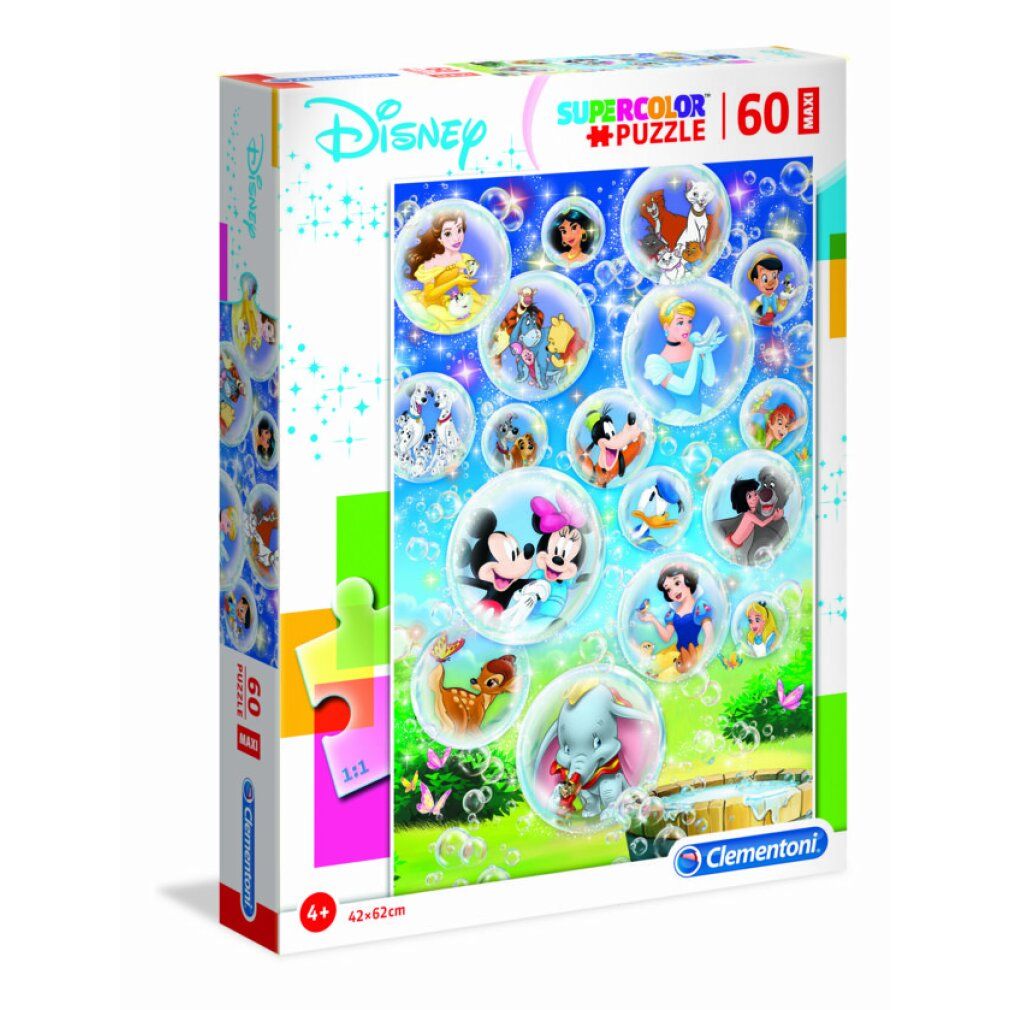 Scatola puzzle Disney con personaggi in bolle. 60 pezzi, 42x62cm. Marca: Clementoni. Età: 4+