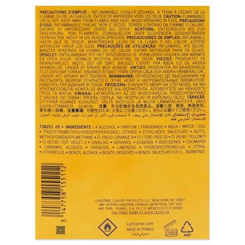 Retro della confezione del profumo. Testo multilingue. Ingredienti e avvertenze.