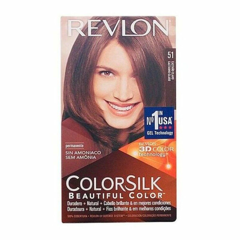 Confezione Revlon Colorsilk. Scritto: 51 Castaño Claro, senza ammoniaca. Immagine di donna con capelli castani. Confezione prodotto.