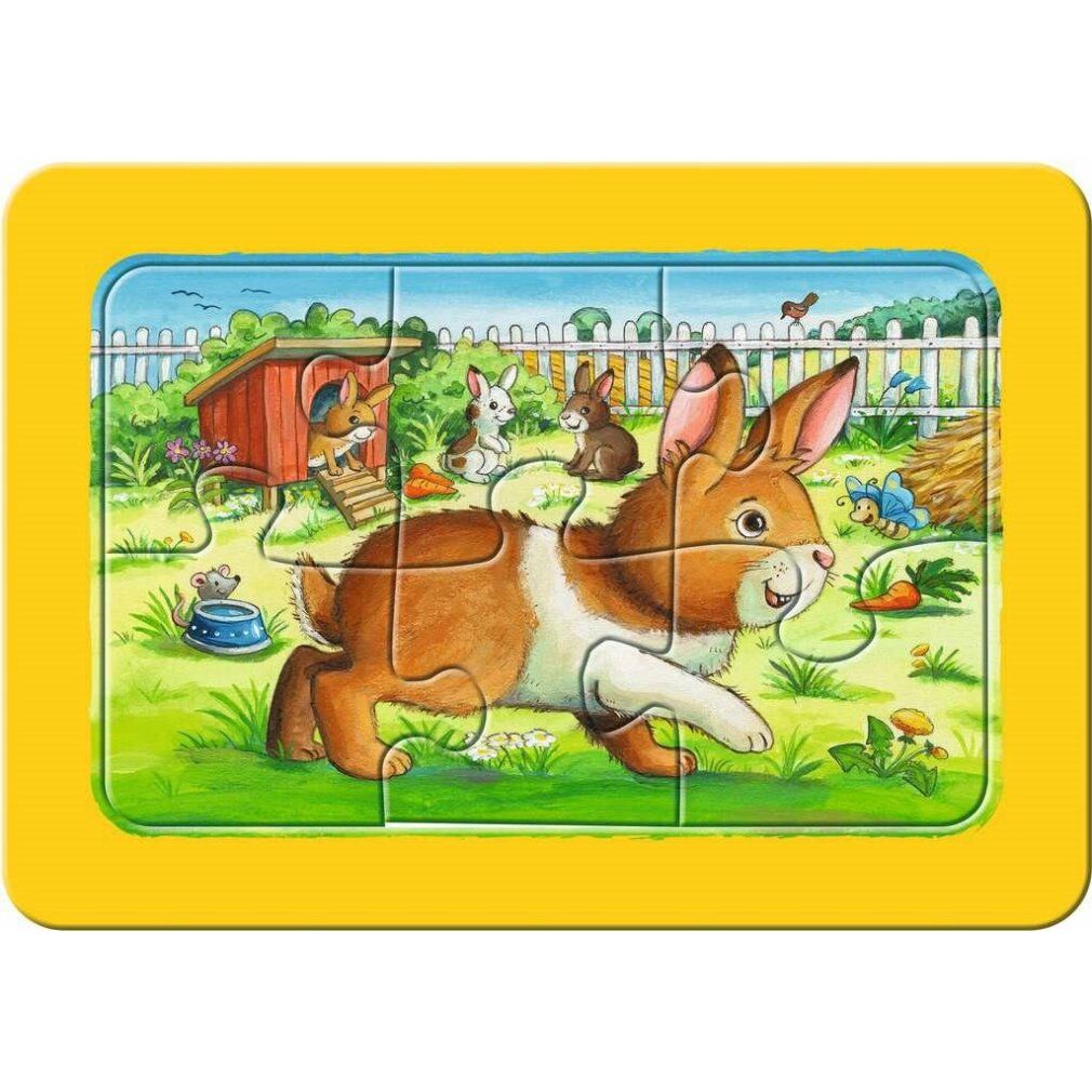 Puzzle Ravensburger, 3x6 pezzi. Confezione con puzzle cane, gatto e coniglio. Nome del prodotto e logo visibili.