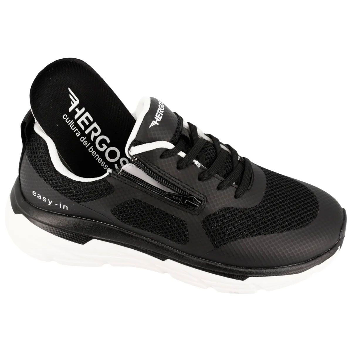Sneaker nero con suola bianca. Cerniera. Soletta rimovibile. Marchio HERGOS. Testo: cultura del benessere.