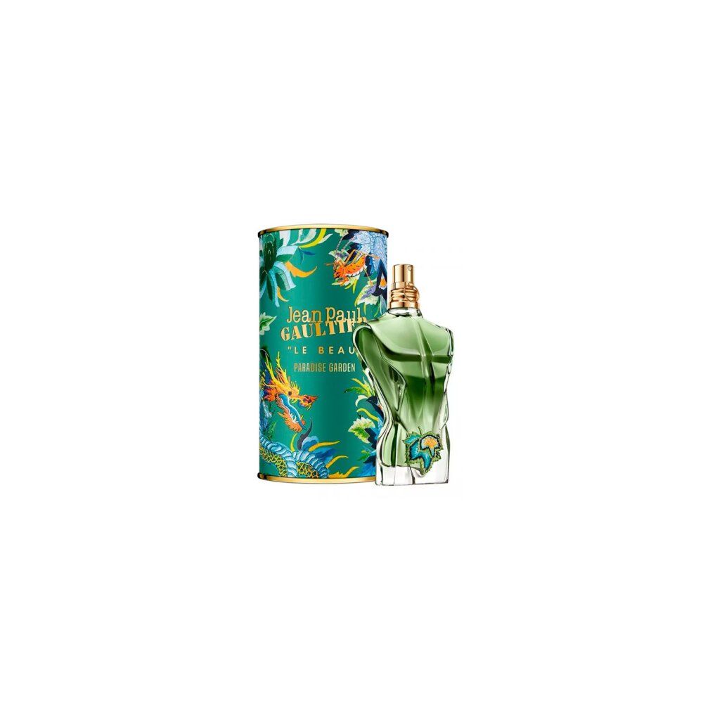 Flacone e scatola Jean Paul Gaultier Le Beau Paradise Garden Eau de Parfum con motivo drago.