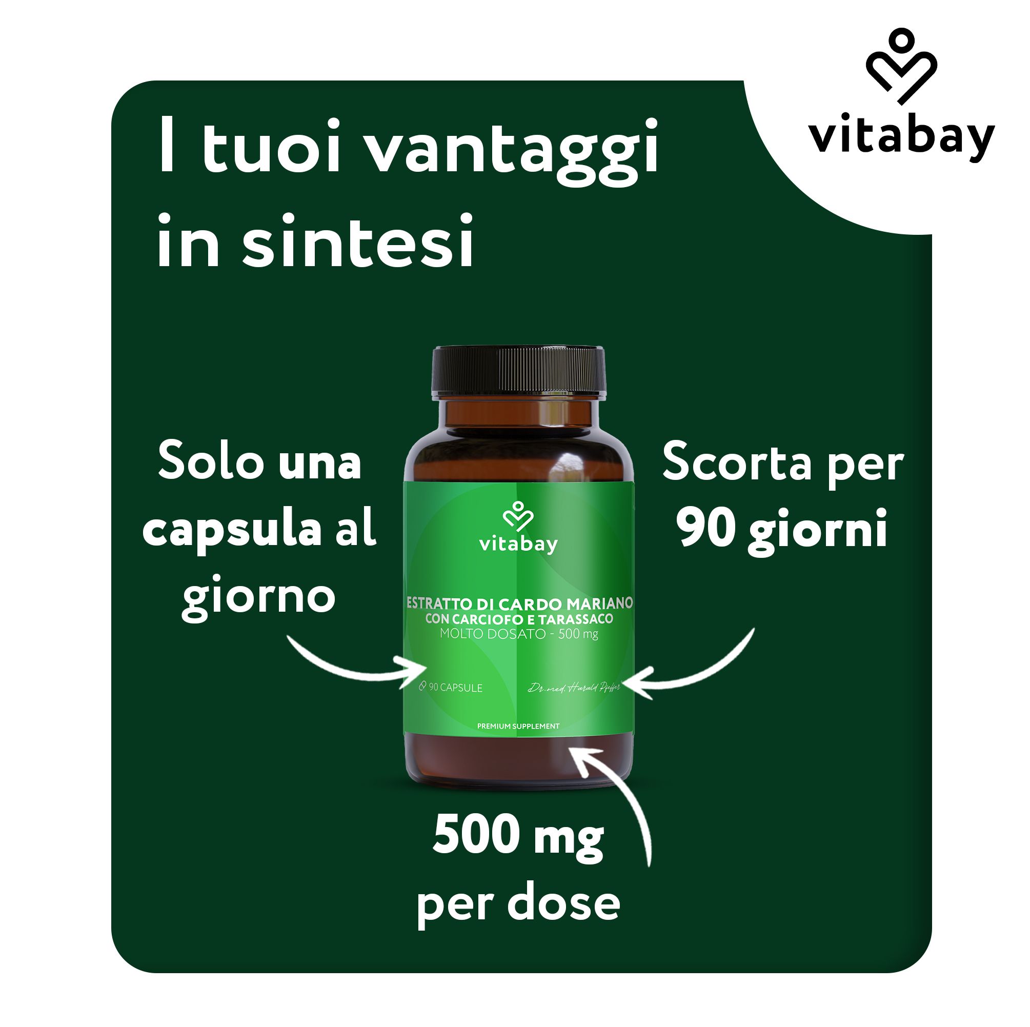 Flacone marrone con capsule. Testo: Estratto di cardo mariano. Logo Vitabay. 500 mg per dose.