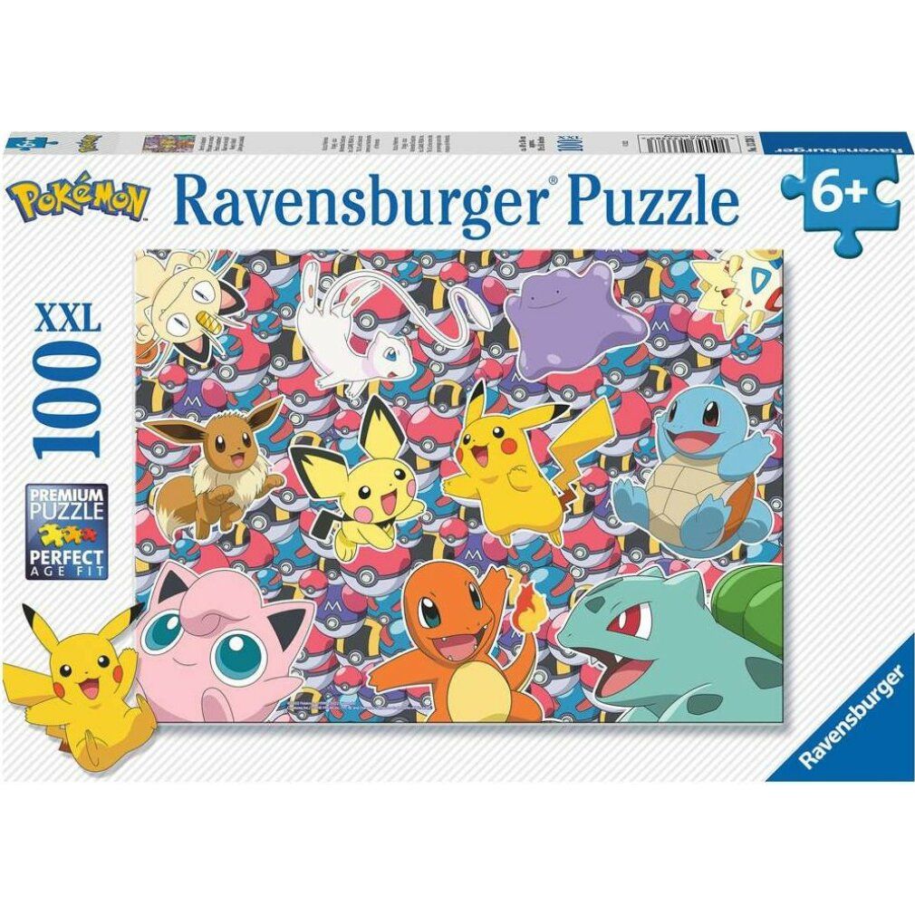 Scatola puzzle Ravensburger con motivi Pokémon. Contiene 100 pezzi XXL. Adatto a bambini dai 6 anni in su.