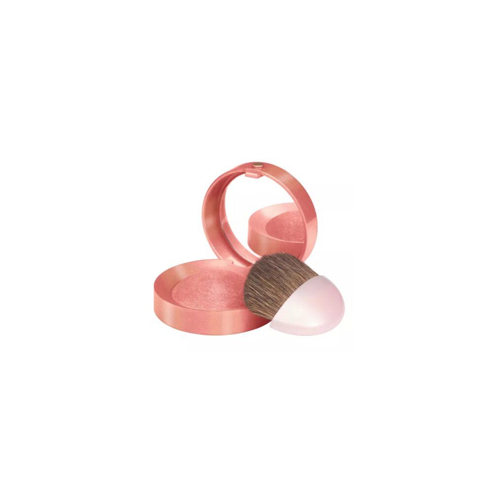 Bourjois Fard Blush Joues aperto. Cipria rosa, specchio e pennello. Contenitore rosa. '16 Rose Coup' visibile.