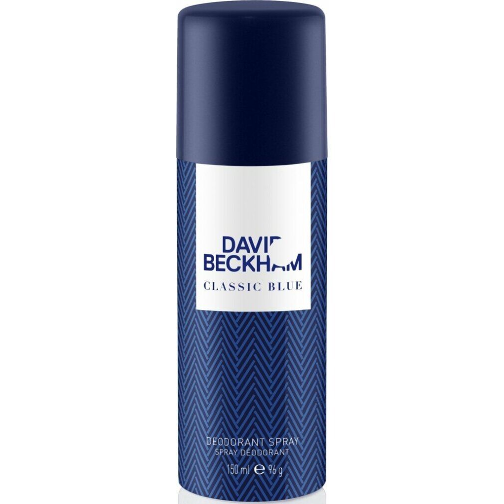 Spray deodorante David Beckham Classic Blue. Flacone blu con tappo nero. Nome del prodotto e dettagli su etichetta bianca.