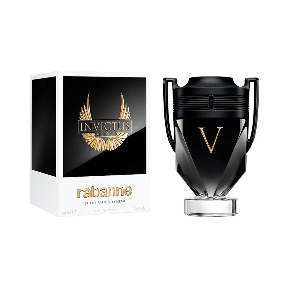 Flacone nero con "V" dorata e confezione bianca con logo e scritta "Invictus Victory".