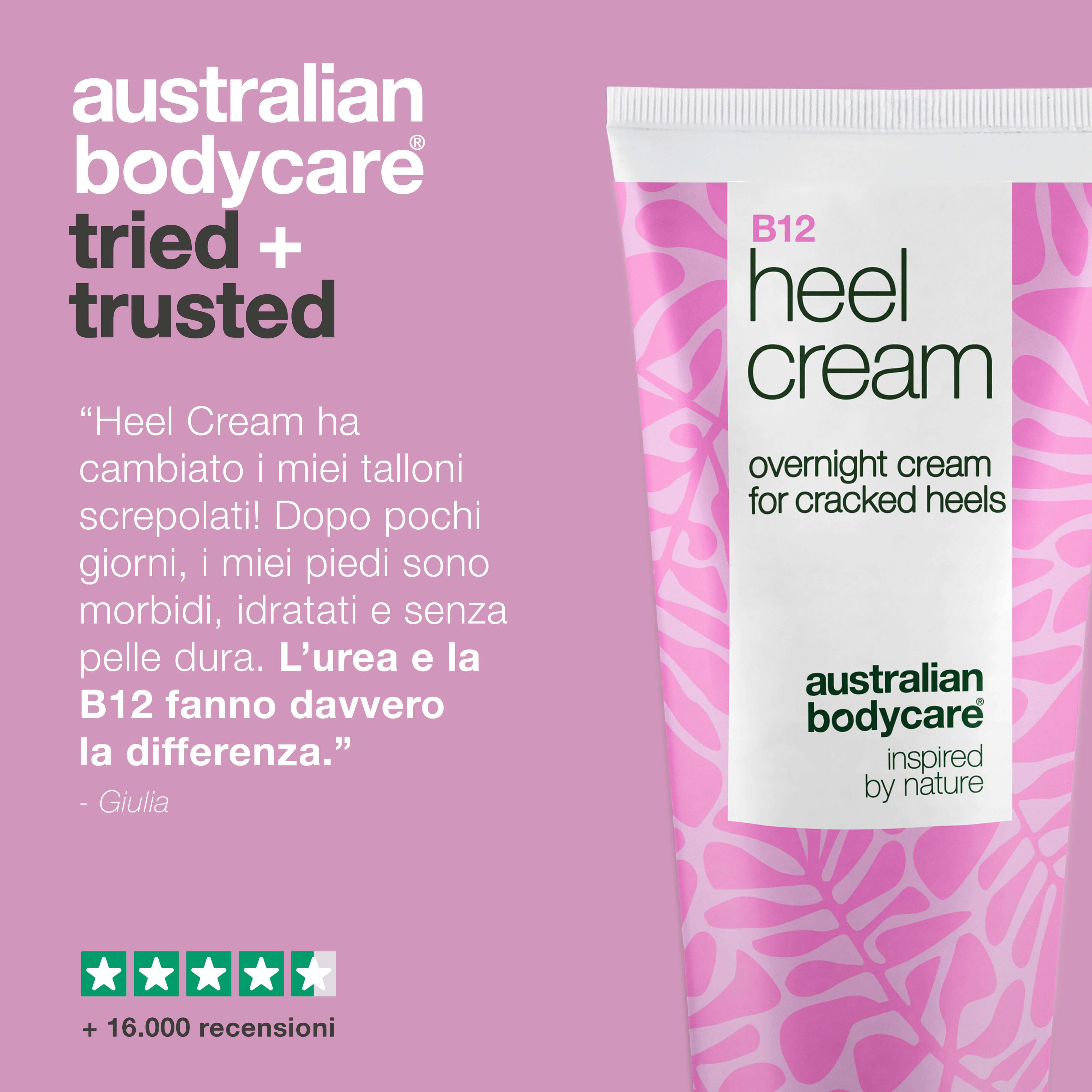 Tubo B12 Heel Cream. Motivo floreale rosa. Testo: overnight cream for cracked heels. Testo: Australian Bodycare. Valutazione stelle.