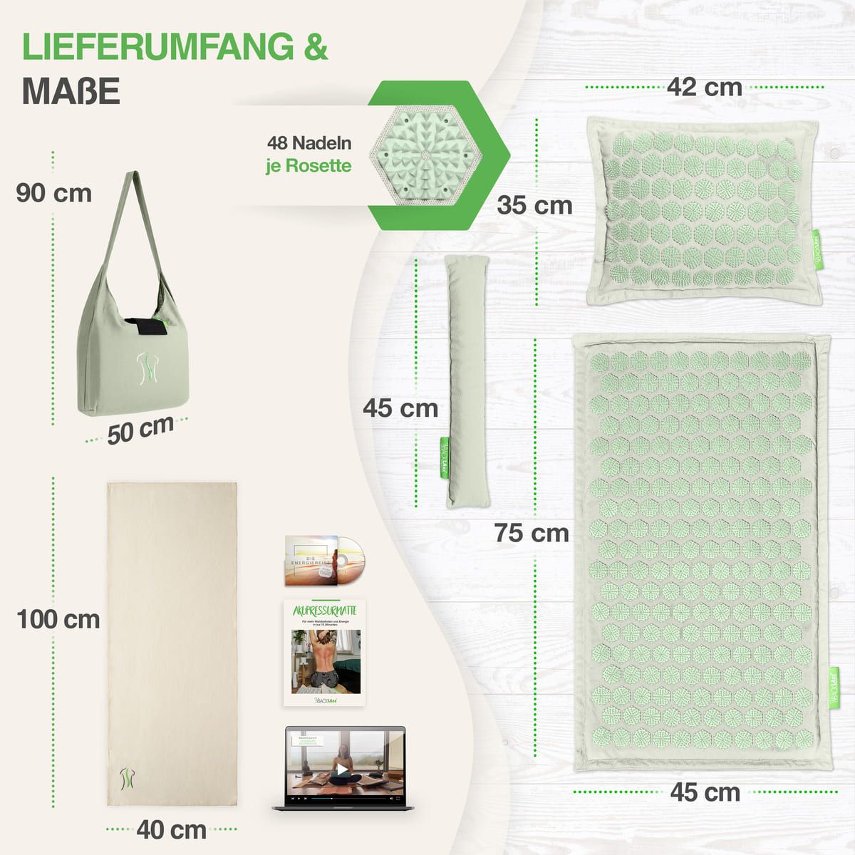 Set tappetini per digitopressione con borsa, cuscino, tappetino e accessori. Dimensioni: Borsa 90x50cm, tappetino 100x40cm, cuscino 42x35cm, rullo 45cm, 48 aghi per rosetta.
