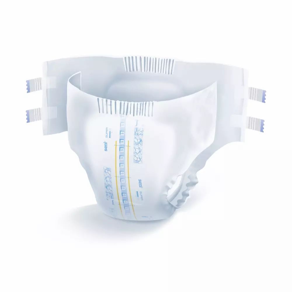 Super Seni. Bianca, con chiusure blu. Interno visibile.