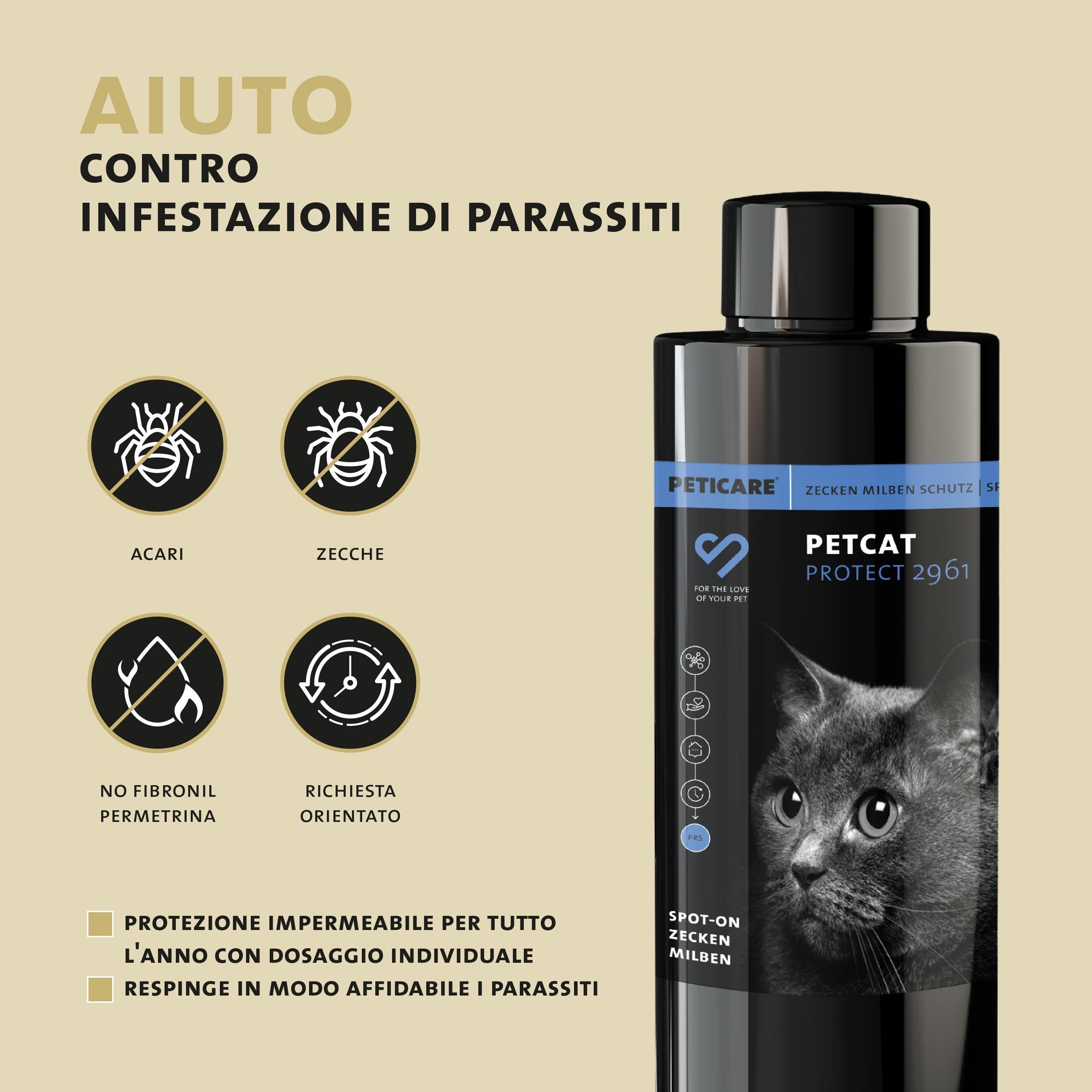 Flacone Peticare con icone: acari, zecche, senza fipronil, impermeabile.