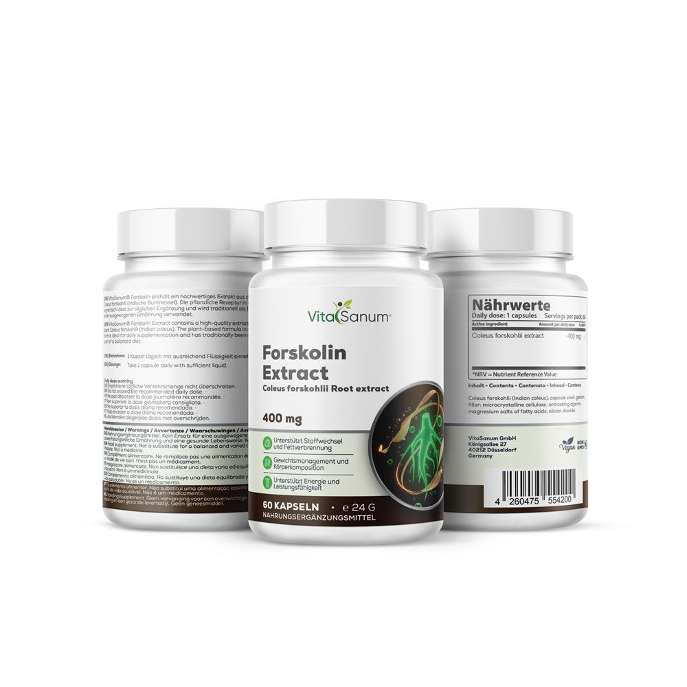 Tre flaconi bianchi con capsule. Scritta: VitaSanum, Forskolin Extract, 400 mg. Illustrazione di Coleus Forskohlii.