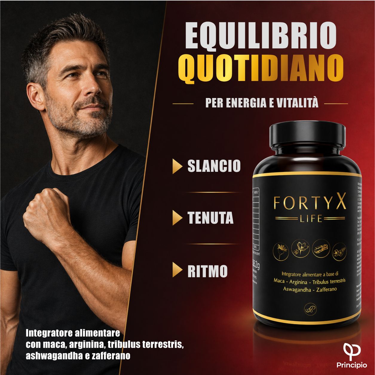 Uomo tiene in mano un flacone FORTYX LIFE. Testo: Slancio, tenuta, ritmo. Flacone di capsule marroni. Sfondo nero.