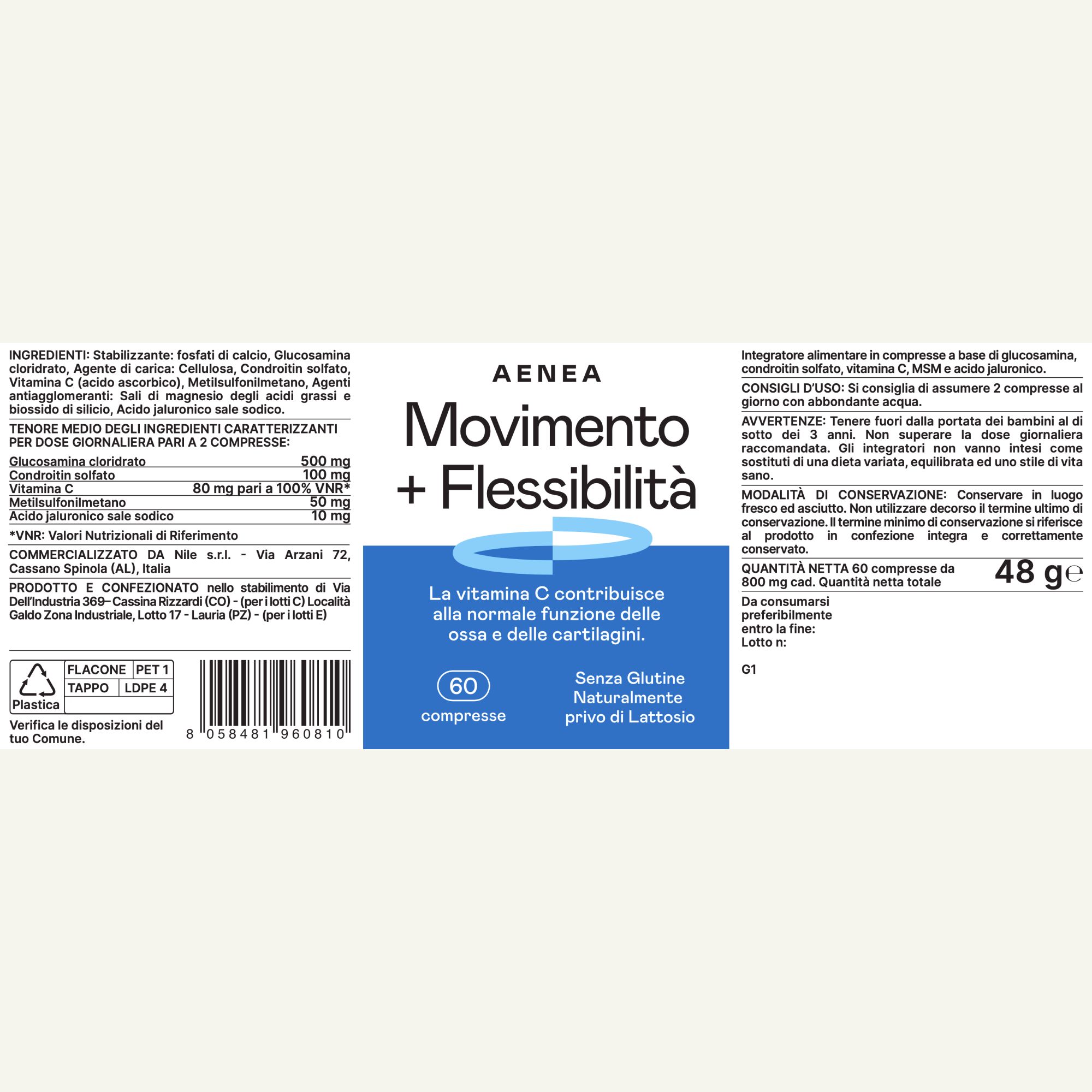 Etichetta con testo: Aenea Movimento + Flessibilità. 60 compresse. Ingredienti, istruzioni per l'uso, avvertenze.