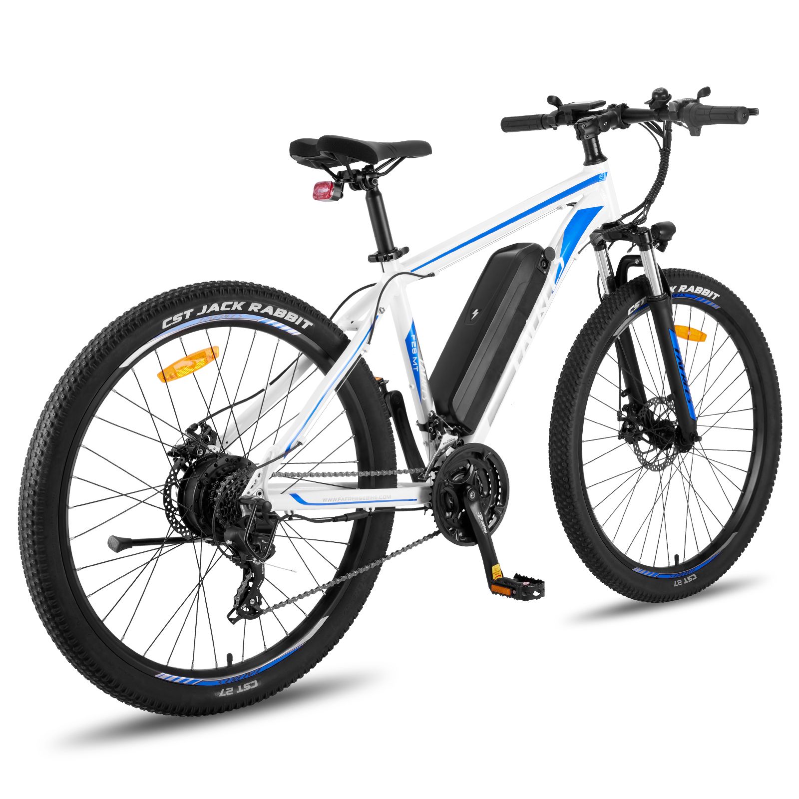 E-mountain bike bianco con dettagli blu. Pneumatici, sella e manubrio neri. Batteria sul telaio.
