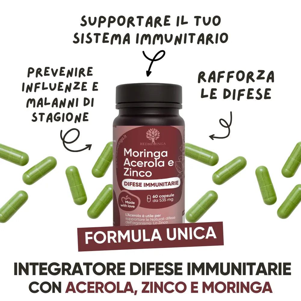 Flacone con capsule verdi. Testo: Moringa Acerola e Zinco, difese immunitarie. Supporta il sistema immunitario. 60 capsule.