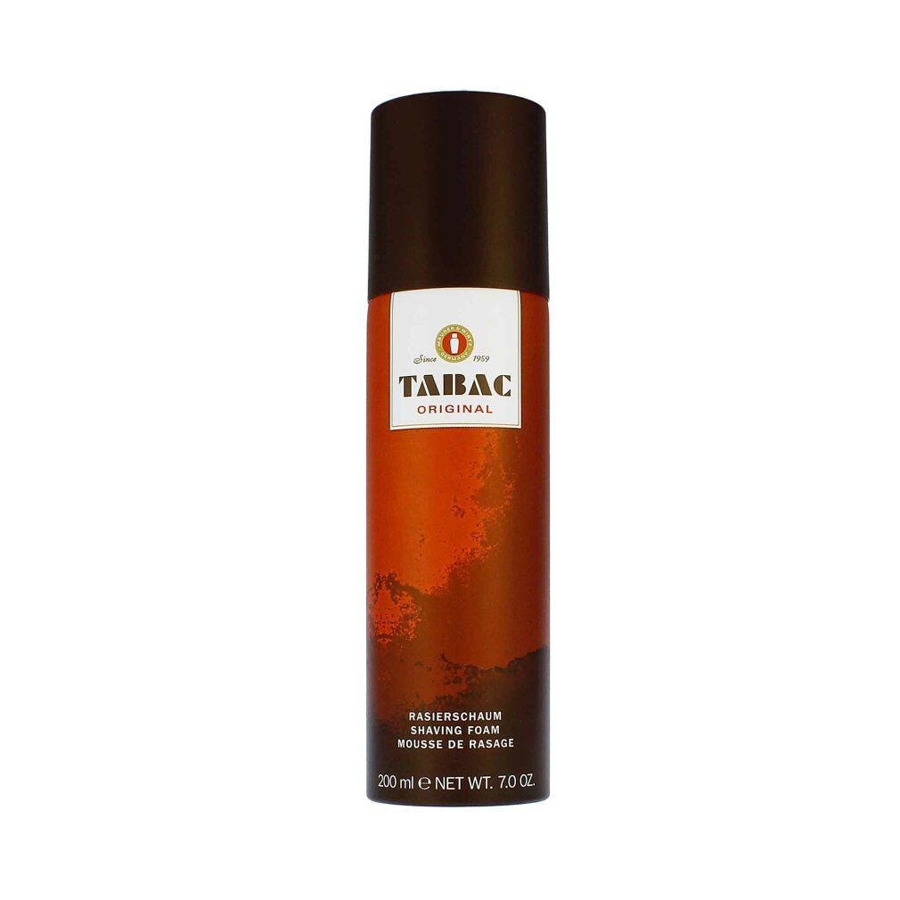 Schiuma da barba Tabac Original. Flacone marrone con etichetta bianca e logo. Testo: Schiuma da barba, 200 ml.