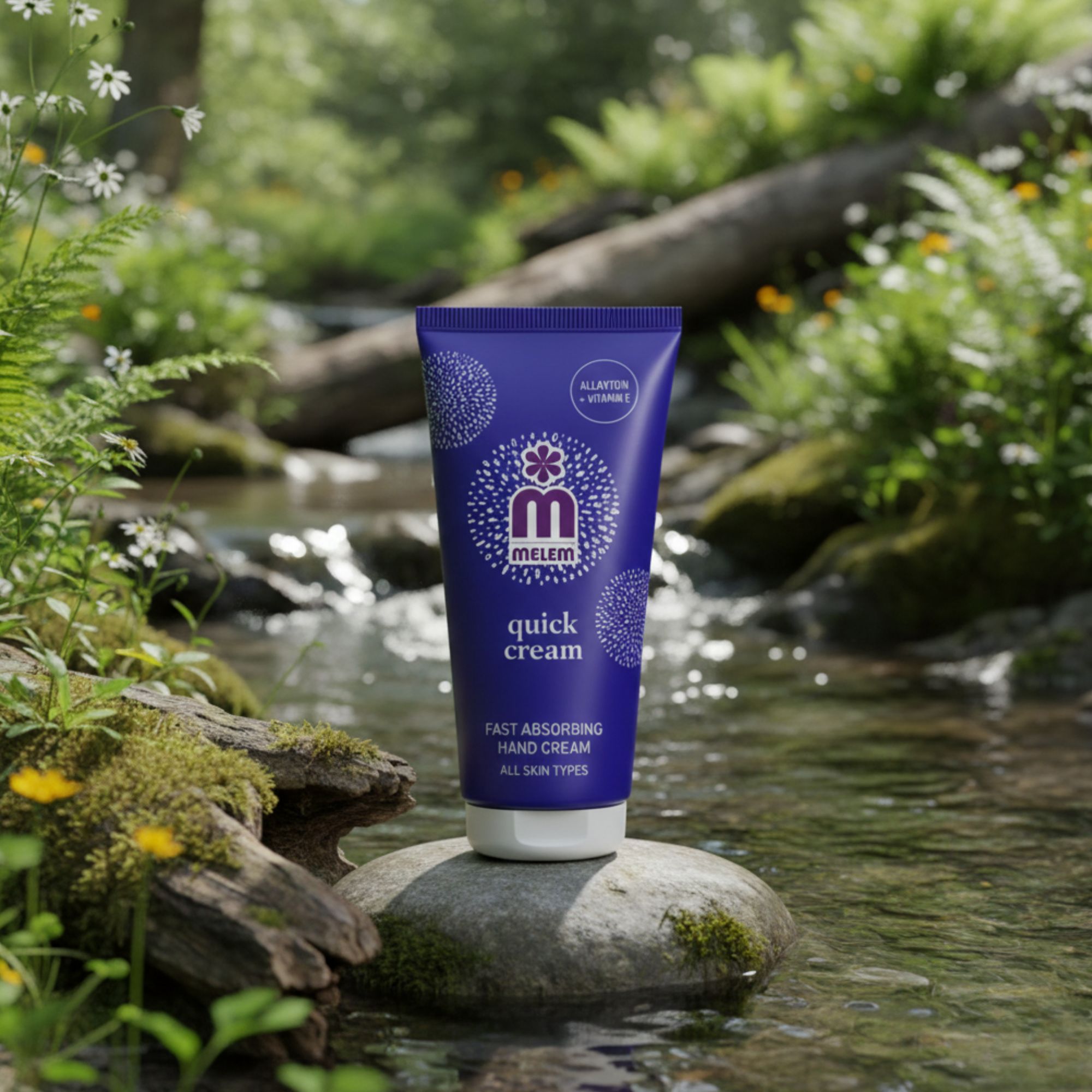 Tubo blu "melem quick cream" su pietra nel ruscello. Testo: "Fast absorbing hand cream". Contiene Allantoina e Vitamina E. Sfondo naturale.
