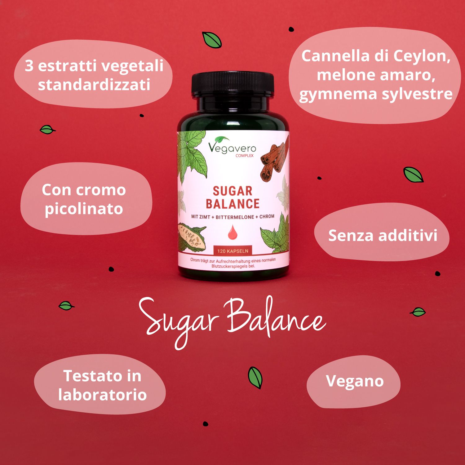 Flacone di capsule su sfondo rosso. Scritta: Sugar Balance. Vegavaro. 120 capsule. Informazioni aggiuntive.