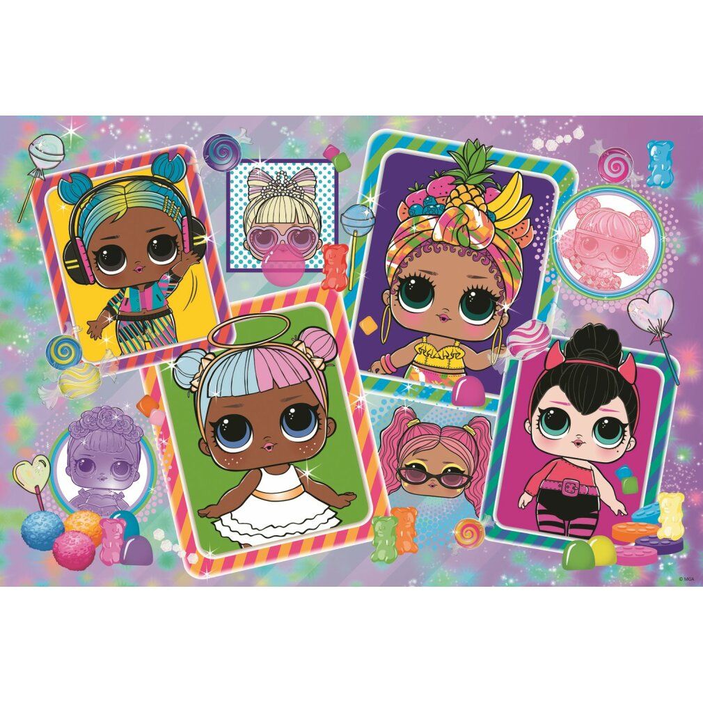 Puzzle con motivi di bambole. Scritta: Glitter Puzzle, 70 pezzi, LOL Surprise, Trefl Junior. Caramelle e coriandoli.