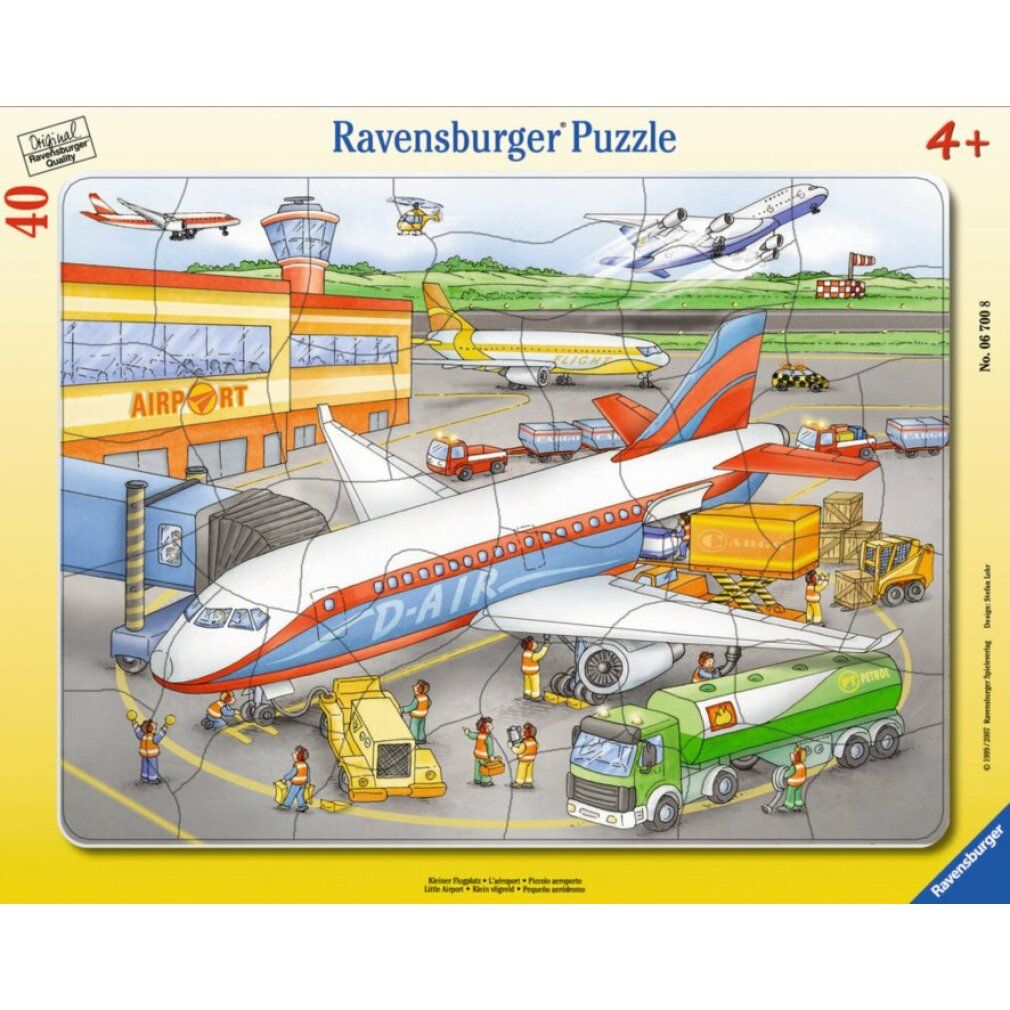 Puzzle con tema aeroporto, 40 pezzi. Aerei, edifici, veicoli e figure. Logo Ravensburger e raccomandazione d'età 4+.