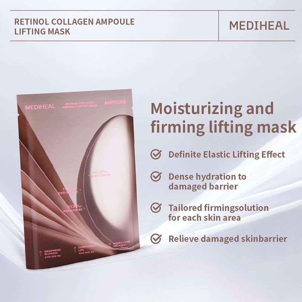 Confezione con testo: "Retinol Collagen Ampoule Lifting Mask". Marchio MEDIHEAL. Testo: "Moisturizing and firming lifting mask".