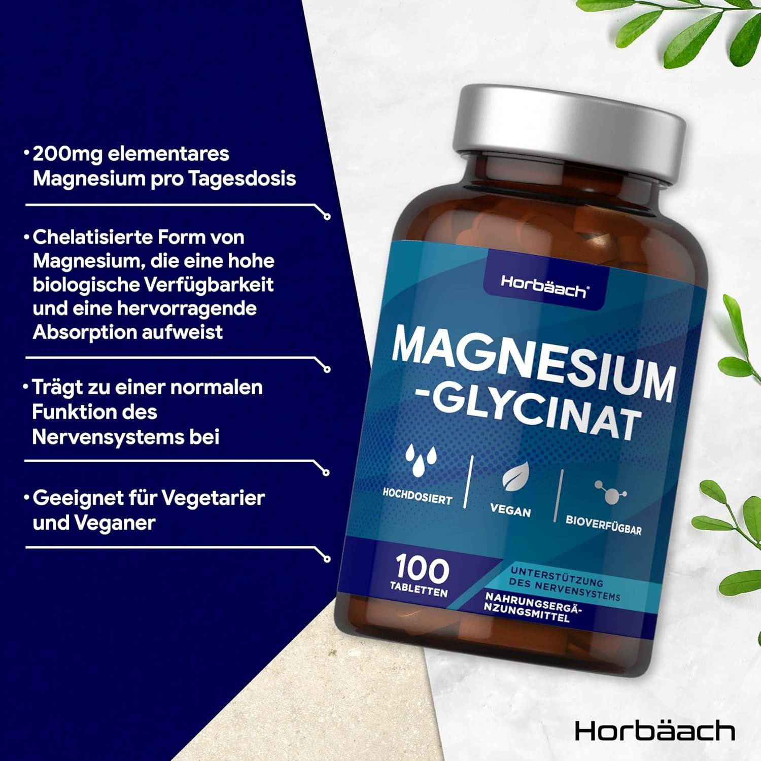 Flacone marrone con etichetta blu. Magnesium-Glycinat, 100 compresse. Vegano, ad alto dosaggio, biodisponibile. Testo accanto.
