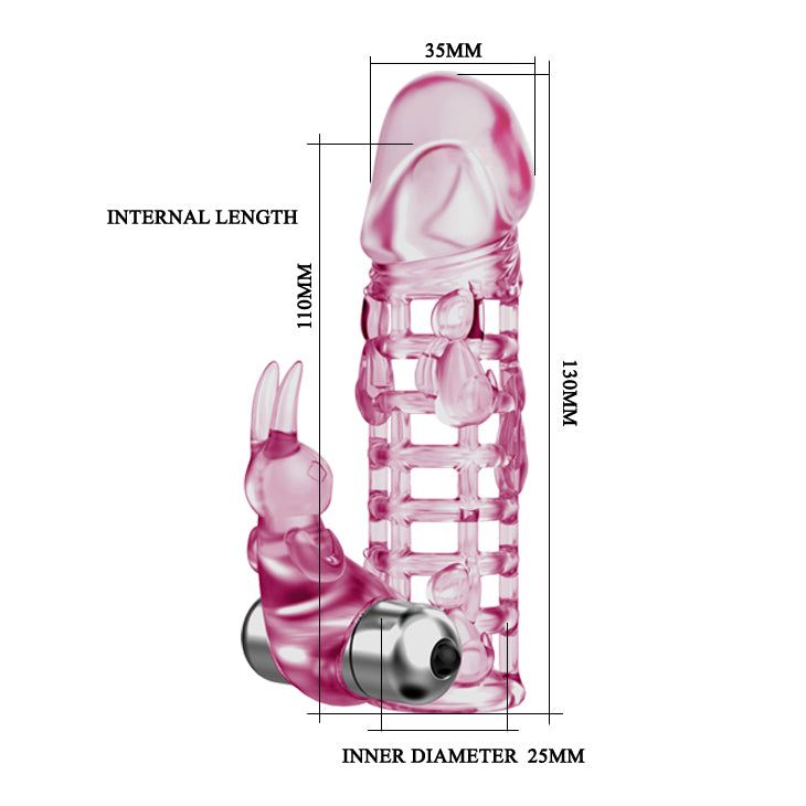 Prolunga rosa con design coniglio e vibratore. Misure: 130mm lunghezza, 35mm larghezza, 25mm diametro interno, 110mm lunghezza interna.