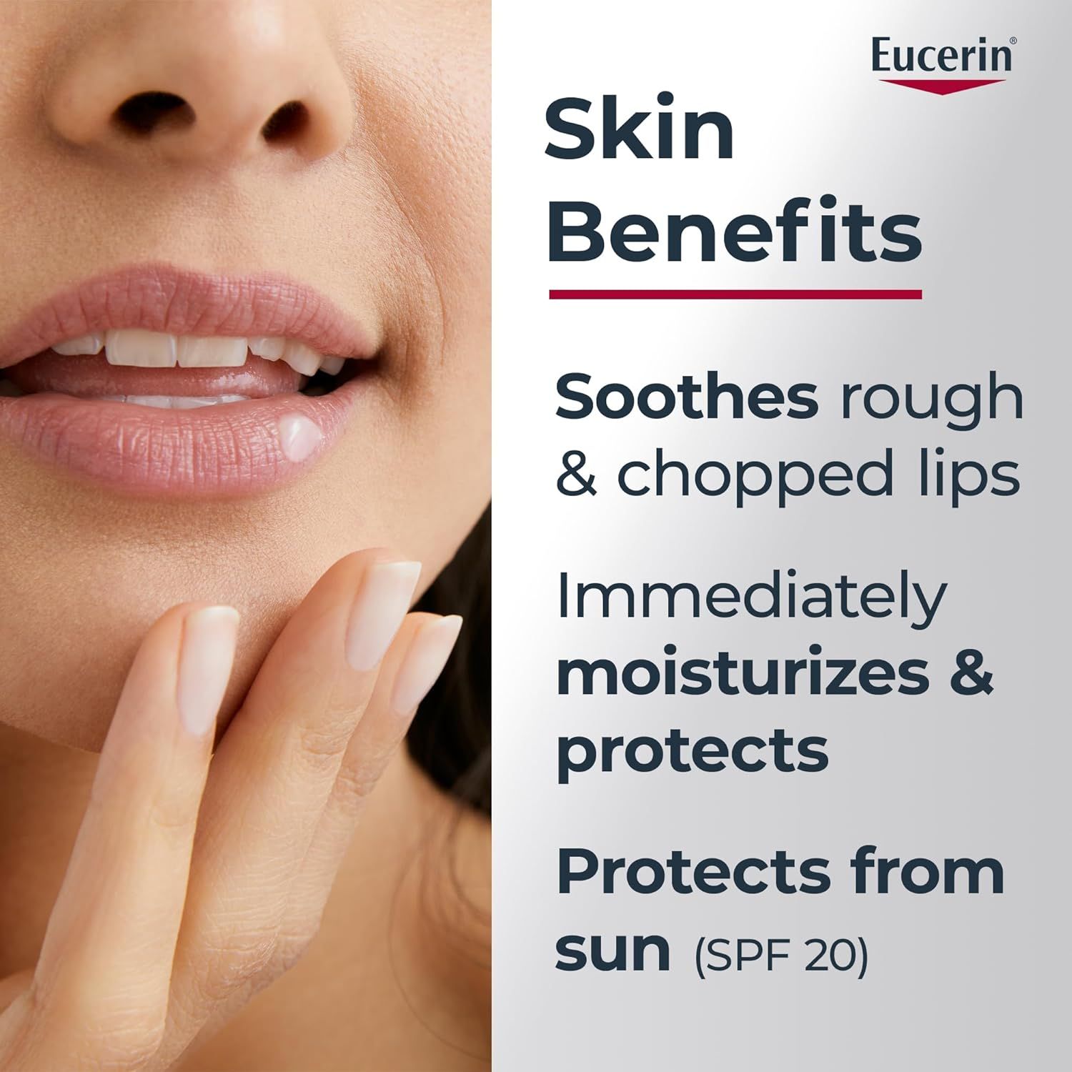Primo piano delle labbra. Testo: Skin Benefits, Soothes rough & chopped lips, Immediately moisturizes & protects, Protects from sun (SPF 20).