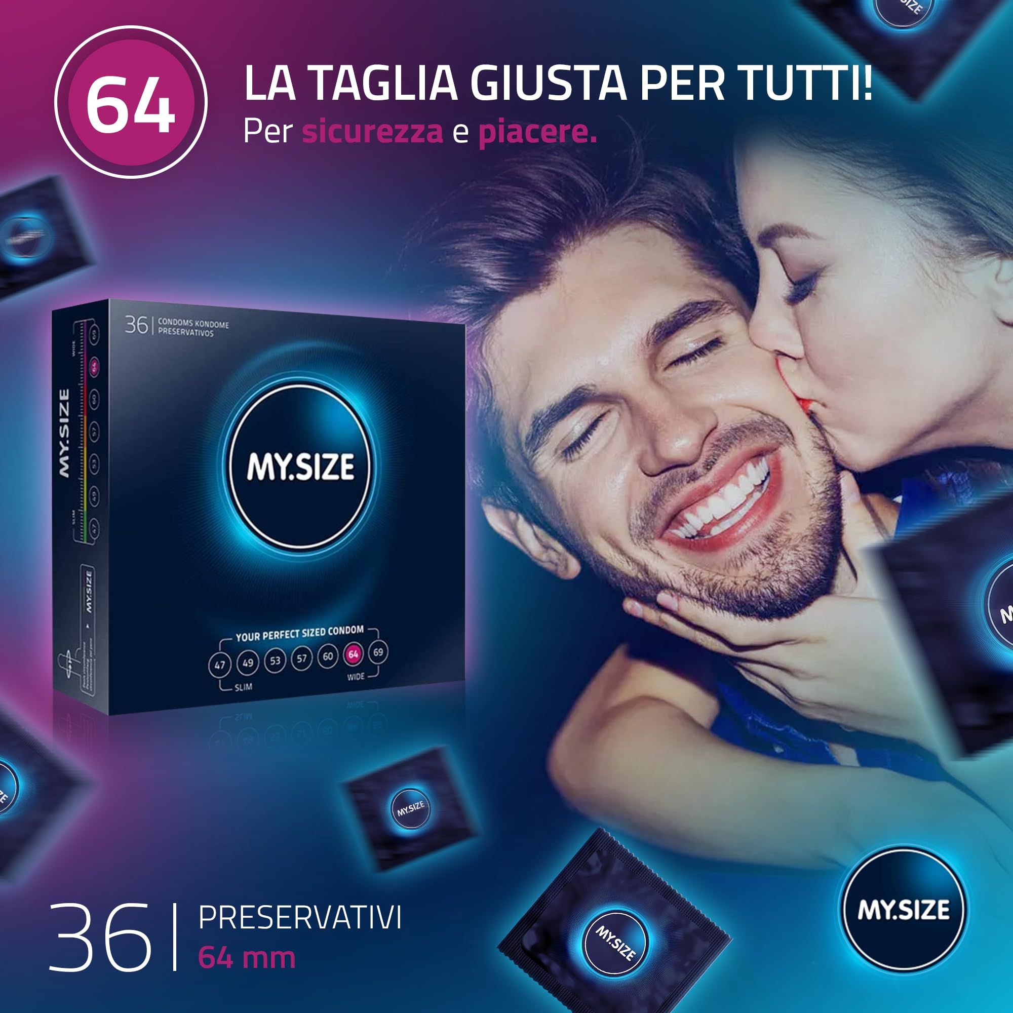 Confezione da 36 preservativi MY.SIZE 64. Mostra le taglie 47-69.