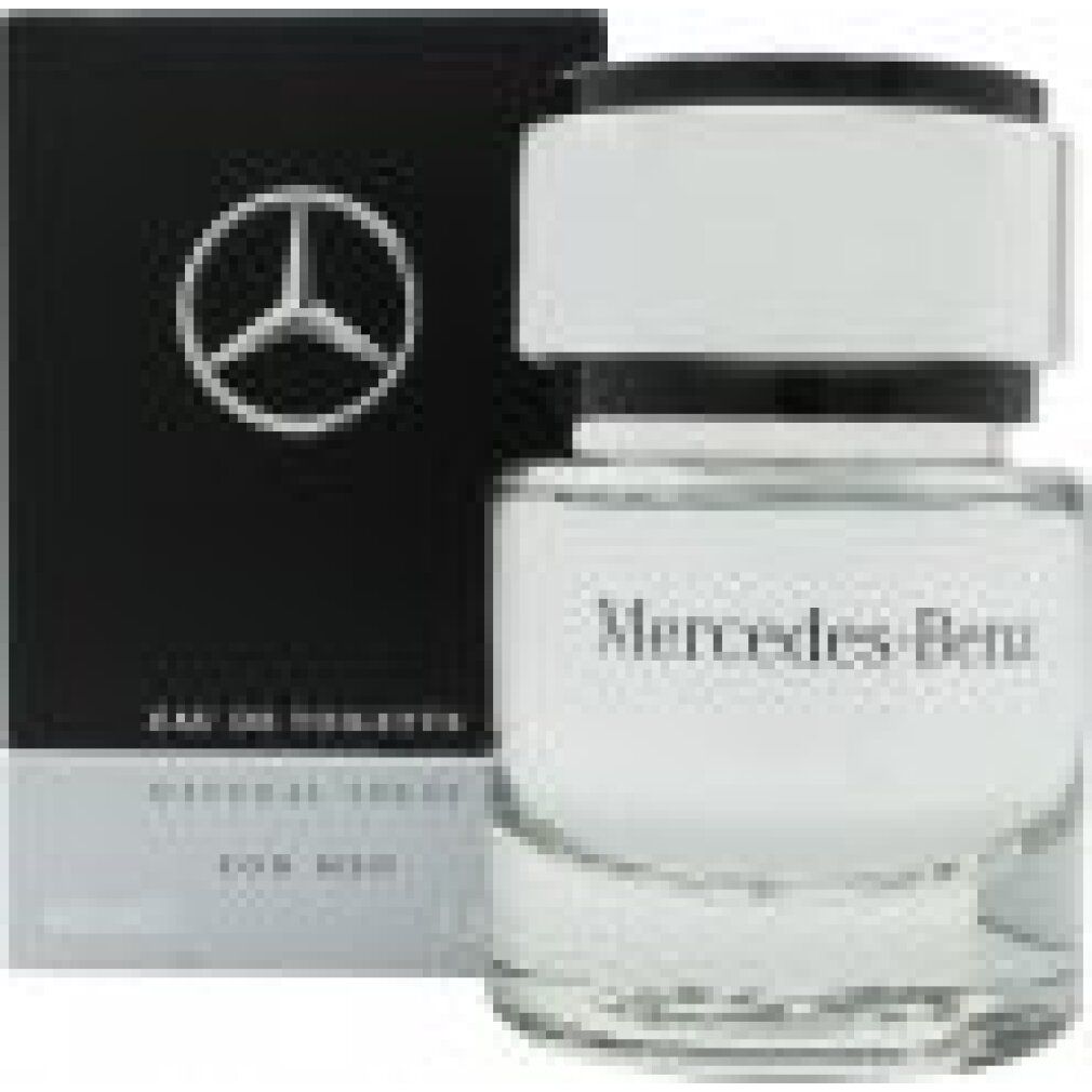 Flacone di profumo e scatola. Flacone con tappo argentato, scritta Mercedes-Benz. Scatola nera con logo e testo: Eau de Toilette, Natural Spray, For Men.