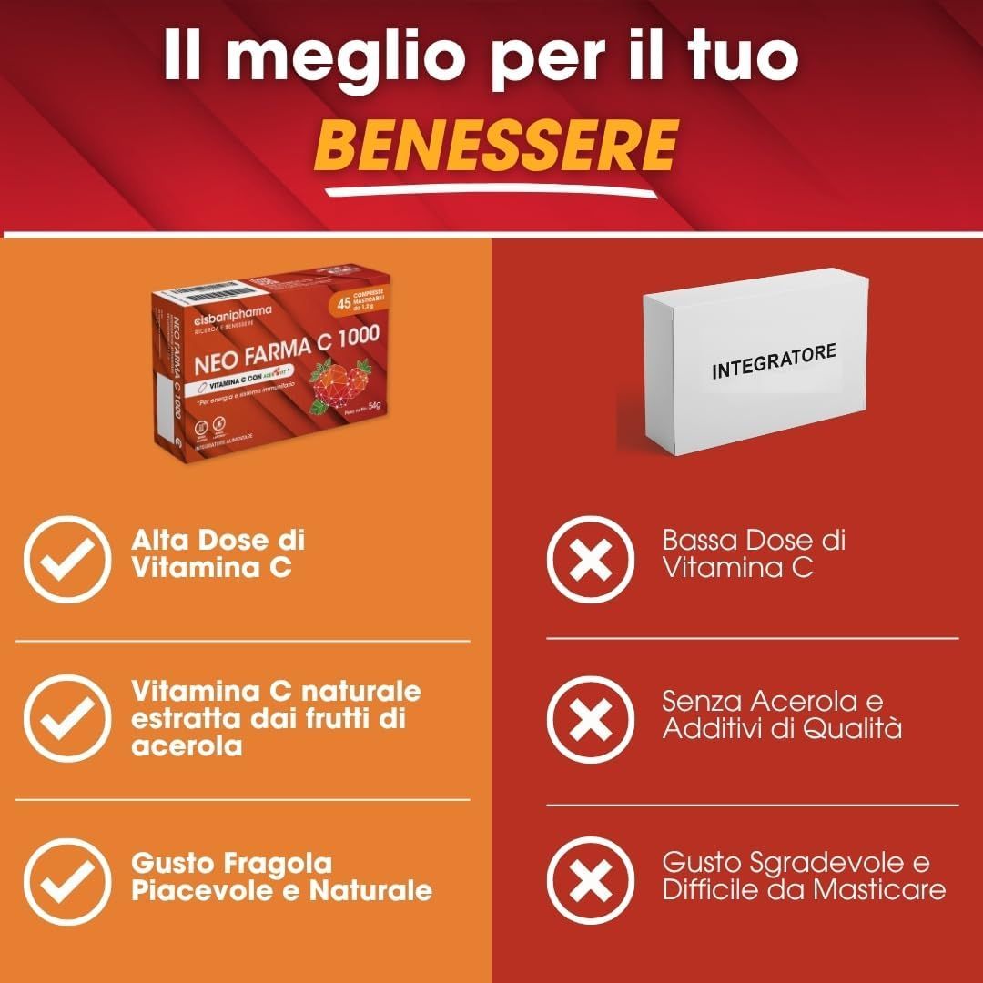 Confezione NEO FARMA C 1000 con immagine di fragola e indicazioni sulla Vitamina C.