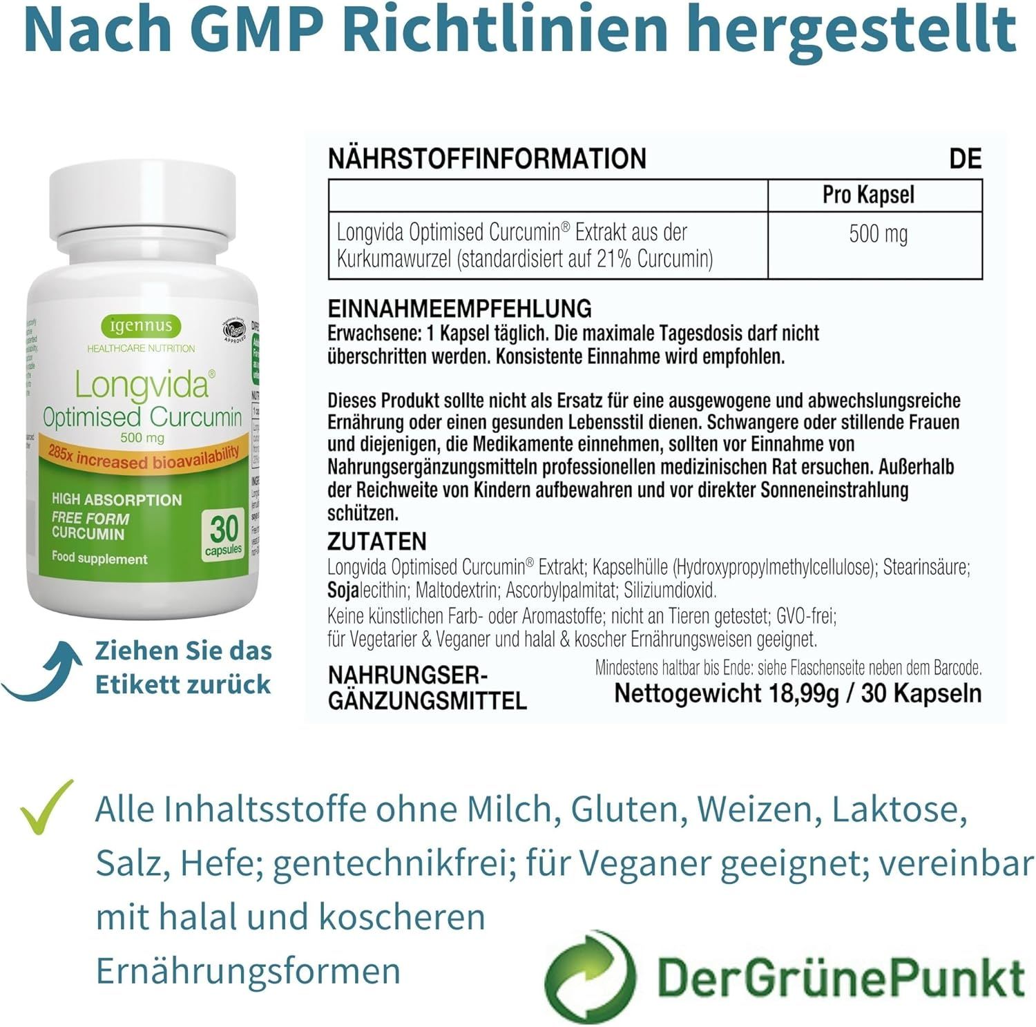 Flacone di capsule ed etichetta. Testo: Prodotto secondo le linee guida GMP. Informazioni nutrizionali. DerGrünePunkt.