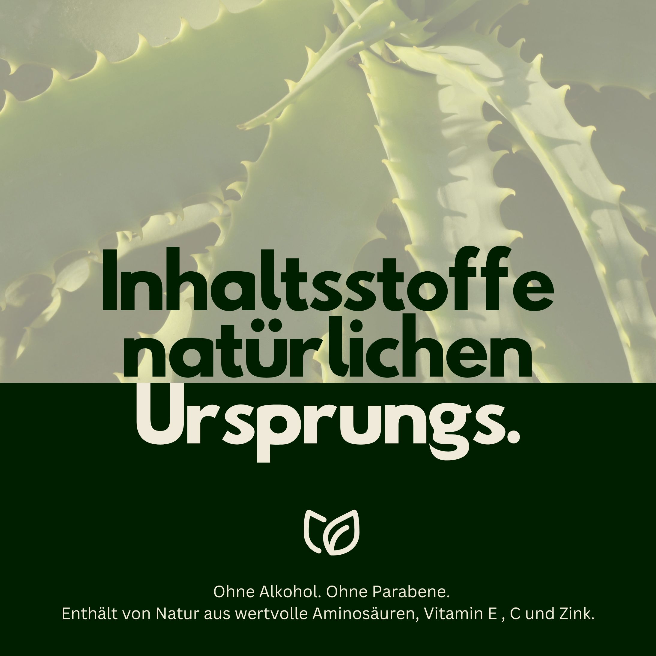 Sfondo verde con testo: Ingredienti di origine naturale. Senza alcol, senza parabeni.