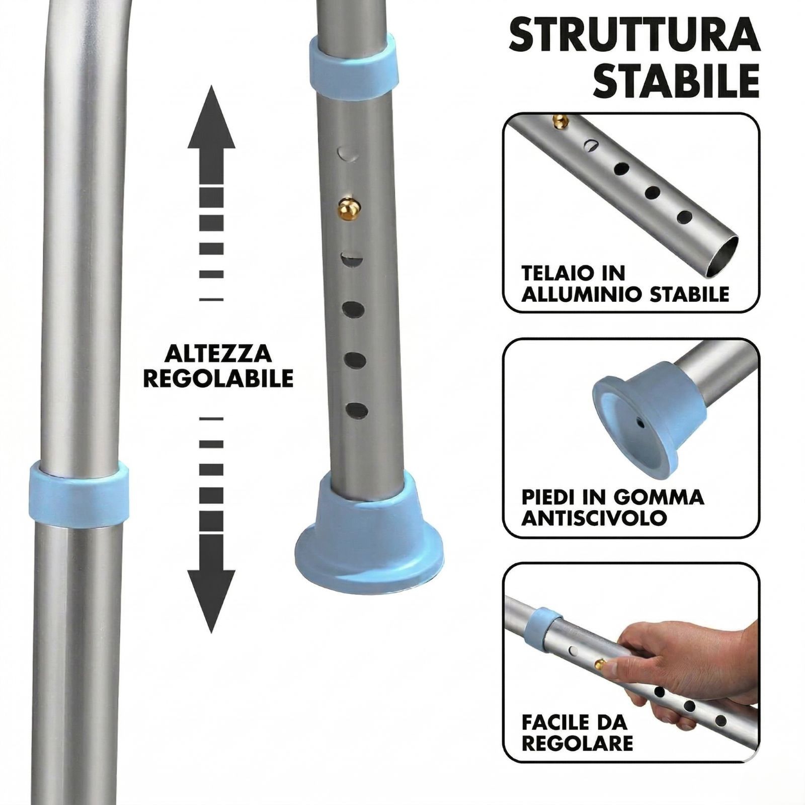 Dettagli sgabello doccia: regolabile in altezza, piedini antiscivolo, telaio in alluminio stabile.