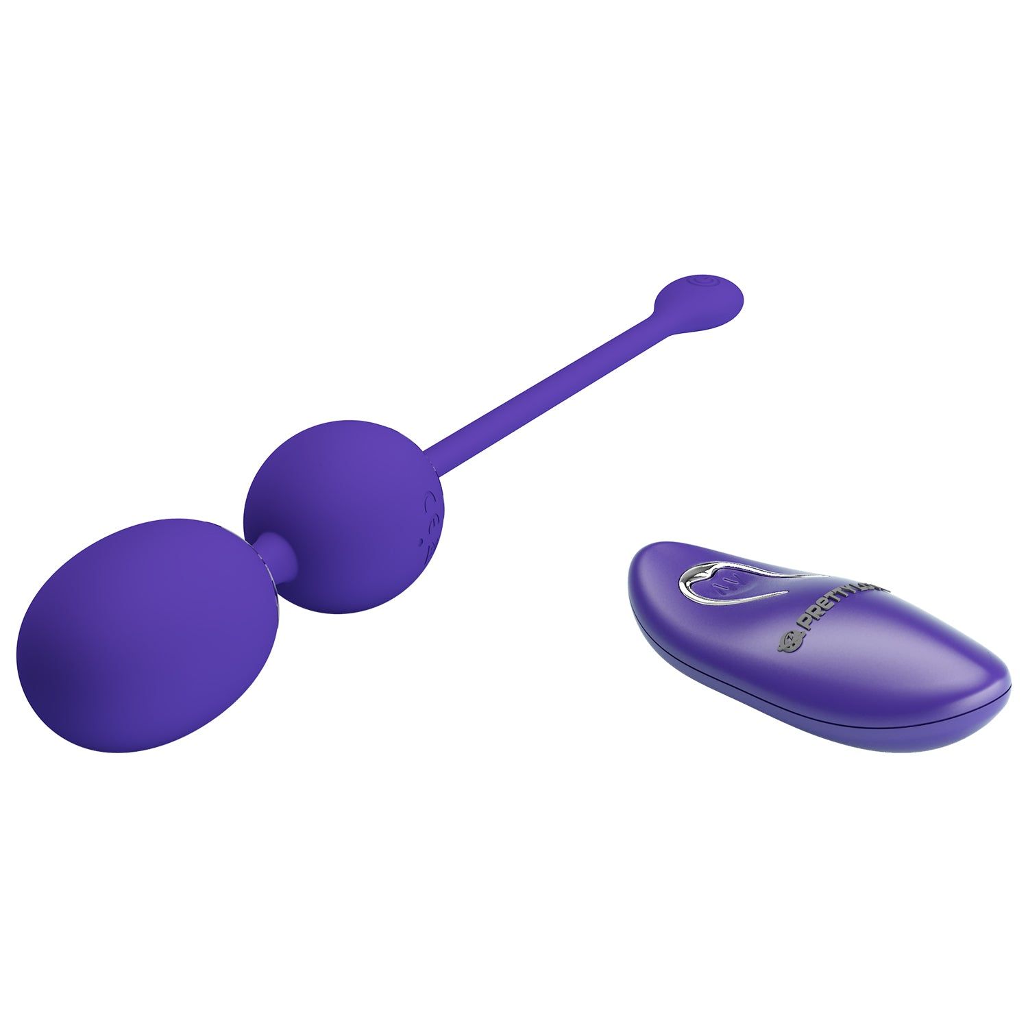 Palline di Kegel viola con telecomando. Il telecomando presenta il logo Pretty Love.