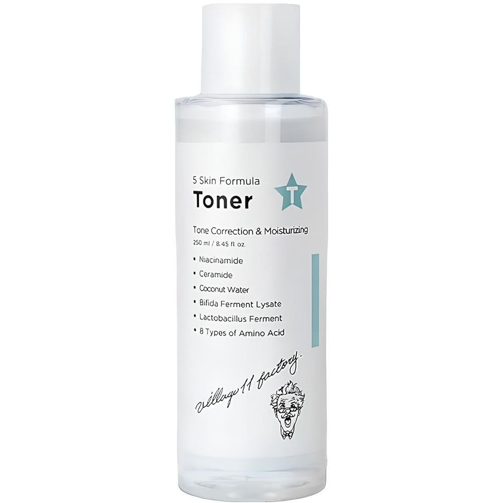 Flacone trasparente con tappo bianco. Scritte: Toner, ingredienti. Logo: volto con baffi. Scritta: 5 Skin Formula.