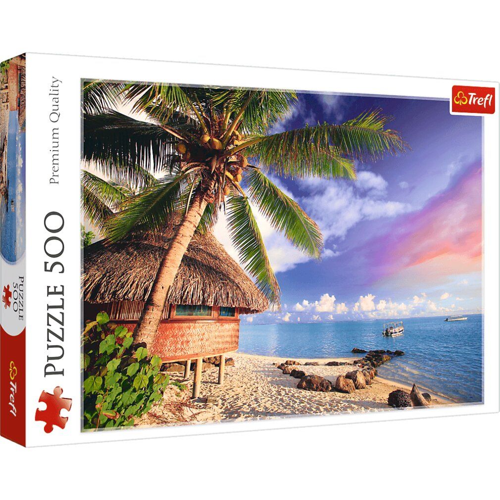 Scatola puzzle con motivo spiaggia. Scritta "Puzzle 500". Logo Trefl. Premium Quality. Parti del puzzle visibili.