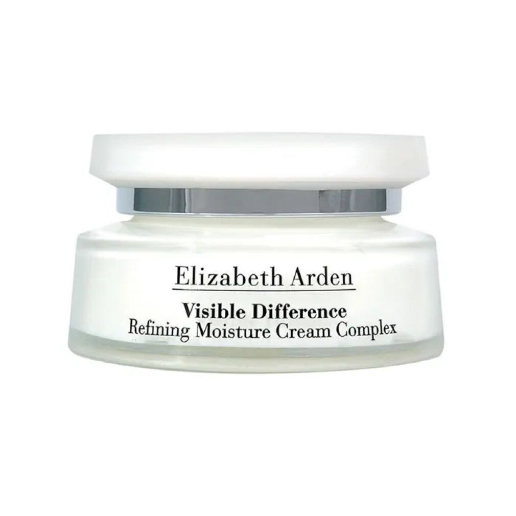 Vaso bianco con coperchio. Scritta: Elizabeth Arden Visible Difference Refining Moisture Creme Complex. Contenitore di vetro.