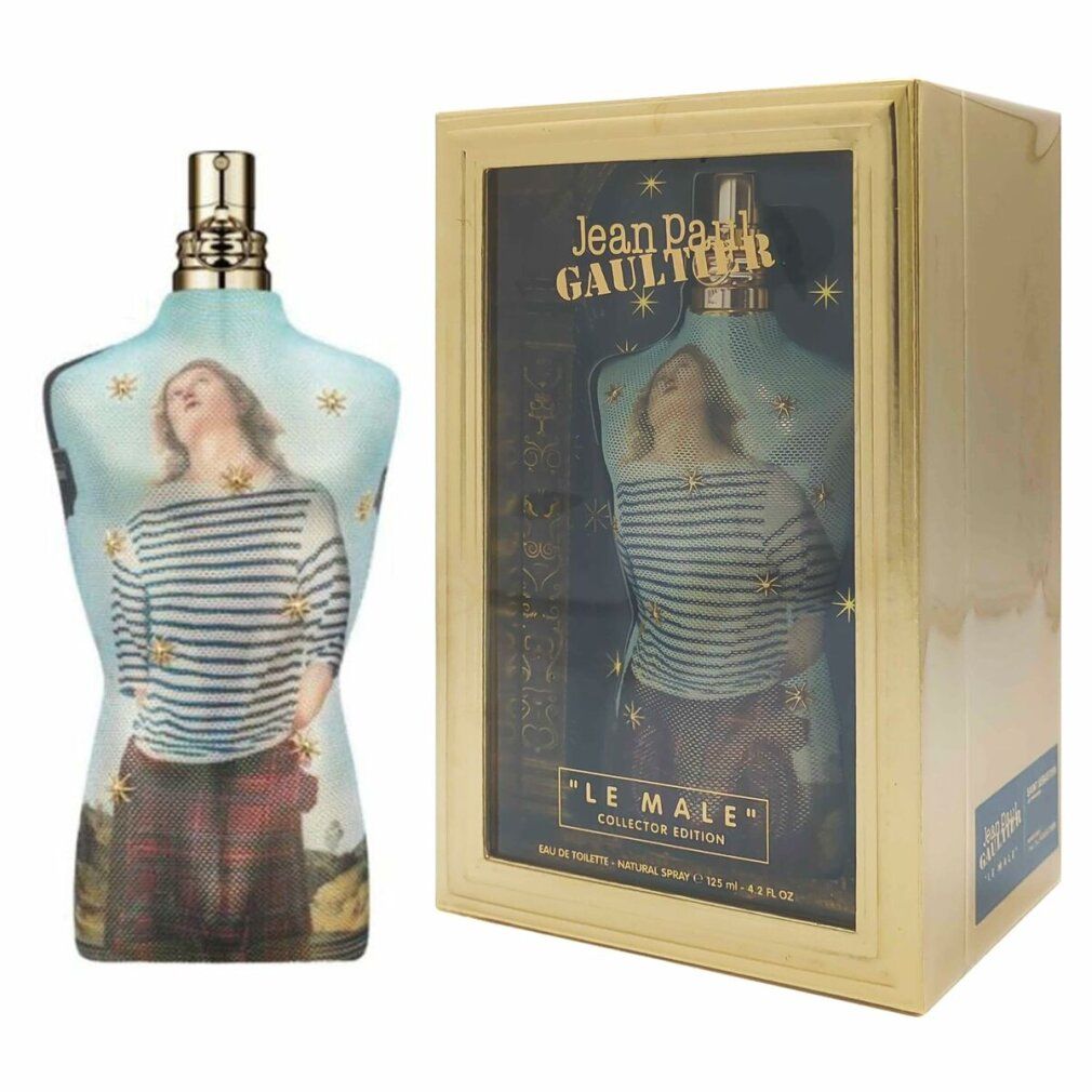 Flacone di profumo a forma di busto, accanto a confezione dorata. Scritte "Jean Paul Gaultier" e "LE MALE".