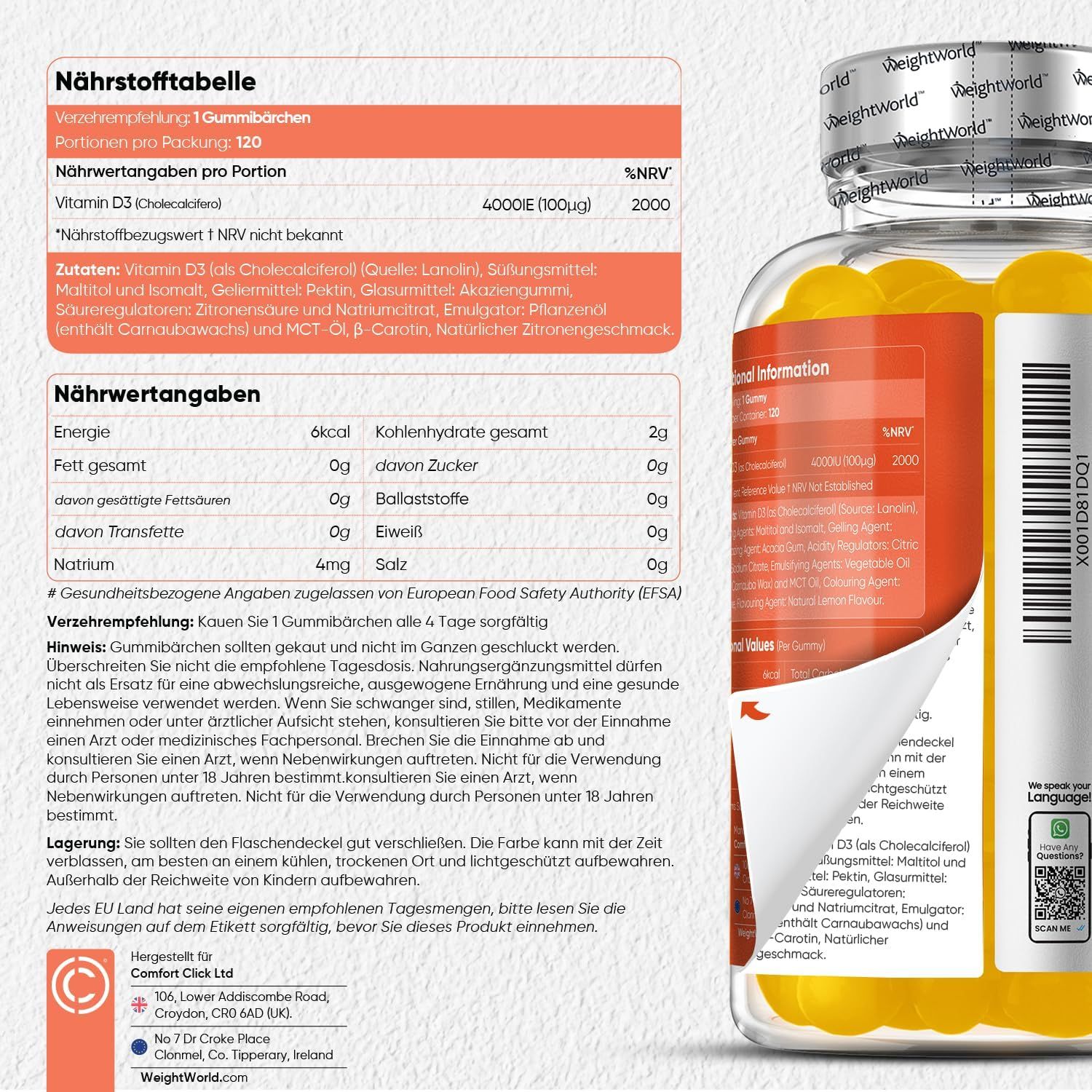 Retro della confezione di caramelle gommose alla vitamina D3. Informazioni nutrizionali, ingredienti, istruzioni. Testo in tedesco. Produttore Comfort Click Ltd.