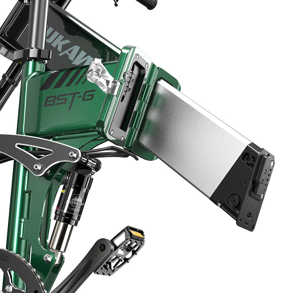 Vista dettagliata della batteria di una e-MTB verde. Batteria argentata con involucro nero. Designazione del modello BTS-6.